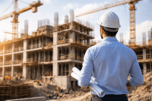 ingénieur portant une chemise bleu clair avec un casque de chantier blanc de dos avec en fond un chantier d'un bâtiment en construction