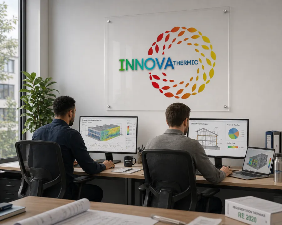 Illustration : thermiciens réalisant une étude thermique RE2020 sur logiciel — Innova Thermic
